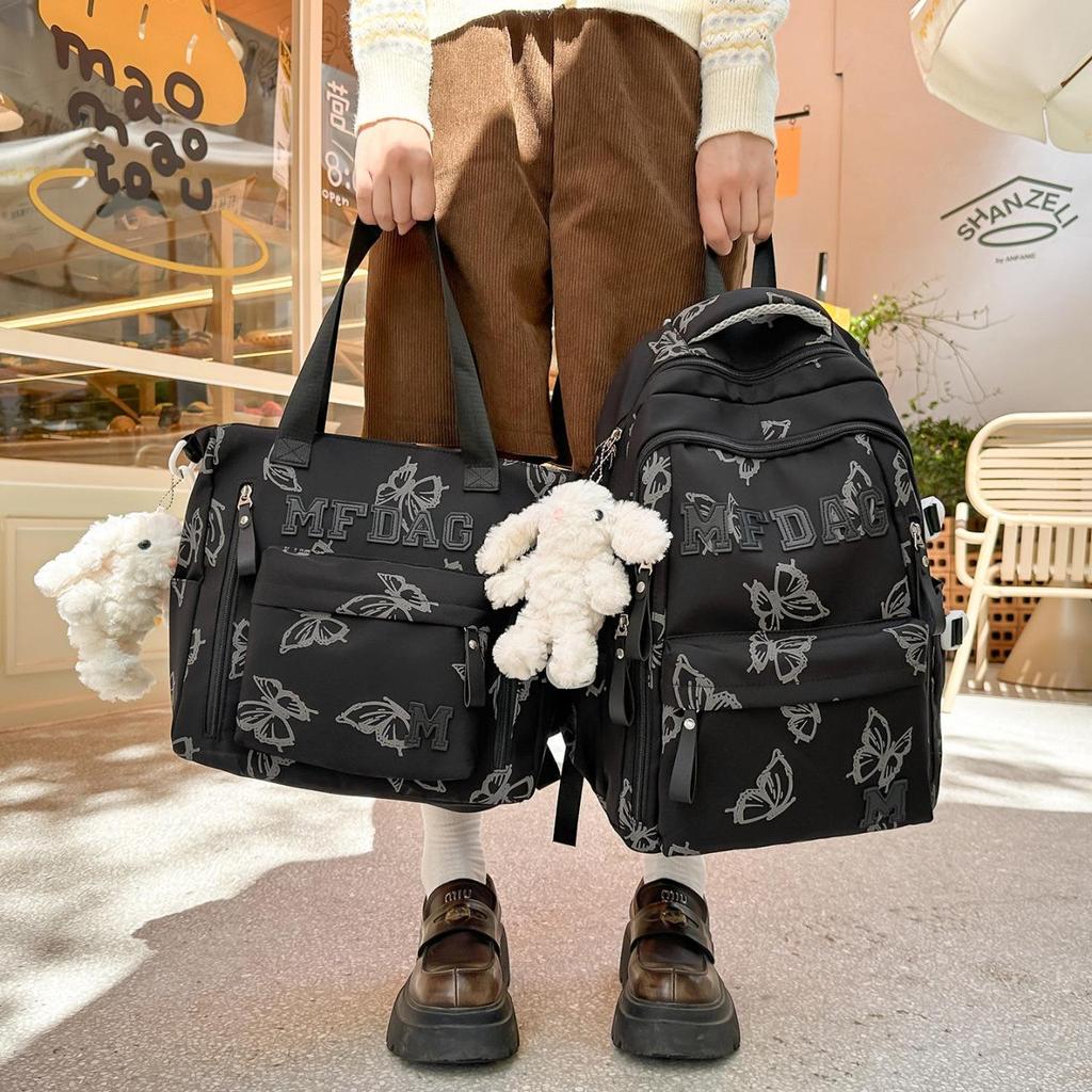 Butterfly Print Large Capacity Nylon Backpack for Junior High Students