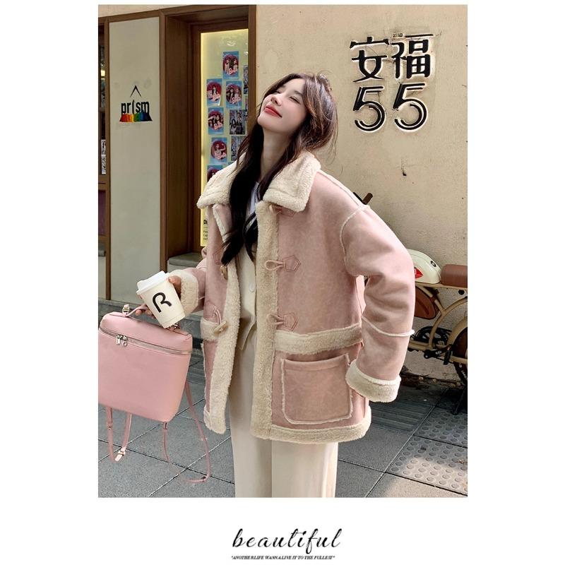 Pink lamb wool women's coat winter new high-end fleece thickened fur integrated coat cotton clothes tide