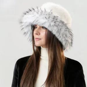 Женские пушистые плюшевые панамы с широкими полями Зимние утепленные панамы из искусственного меха Теплые панамы от солнца Женская новая модная роскошная меховая панама