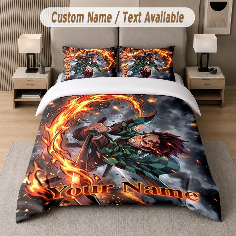 Demon Slayer 3Pcs Bedding Set, Personalized Custom Name Text, 1 Duvet Cover & 2 Pillowcases For Bedroom