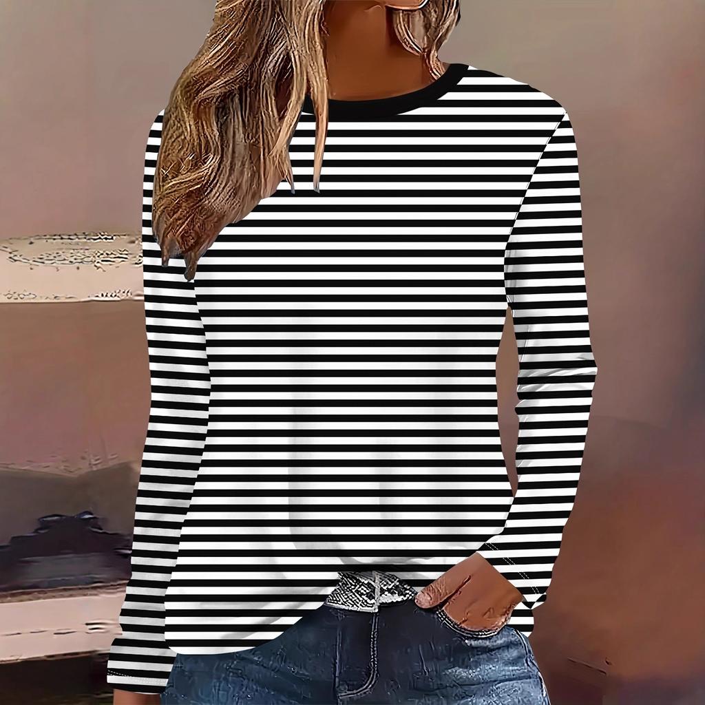 Round Neck 3D Striped Printed Top Casual Long Sleeved Women's T-shirts - Soft Medium Stretch Polyester Fabric Spring and Autumn Relaxed Fit Clothing