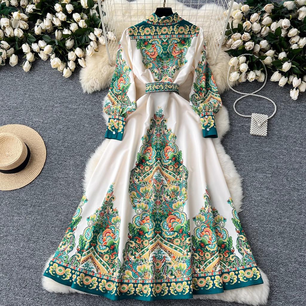 New Vintage Autumn Green Flower Printed Shirt Collar Dress For Women Single Breasted Lantern Sleeve Belt Holiday Midi Robe