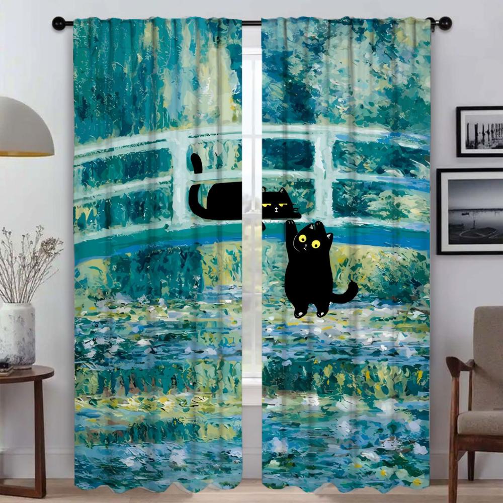 Black Cat Modern Living Room Curtains 2 Pieces Halloween Decoration Window Curtain Shades Kitchen Curtains for Camera Partition