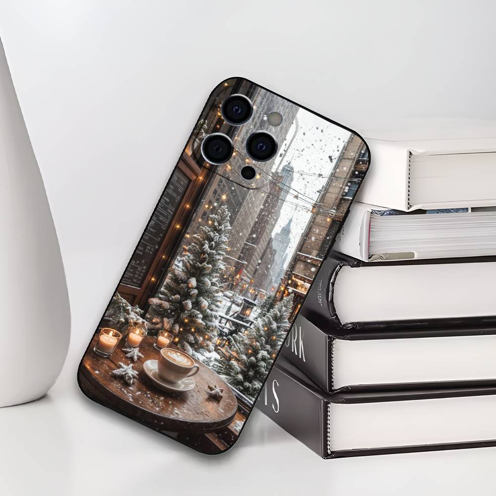 Рождественский Арт зимний Кофе Чехол для телефона Для IPhone 17,16,15,14,13,12,11,Plus,Pro,Max,Plus,XS,мягкий чехол Черный силикон