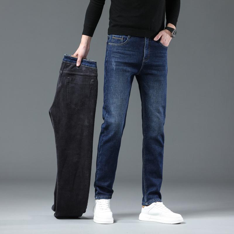 Winter Men Fleece Warm Jeans Classic Style Business Casual Thicken Velvet Slim Denim Pants Brand Trousers Male Size 28-42