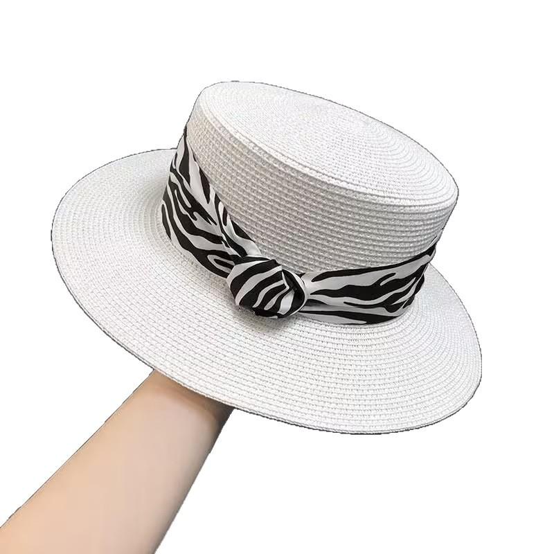 French new beach hat children summer sunscreen sunshade strap striped flat top hat seaside travel straw straw hat