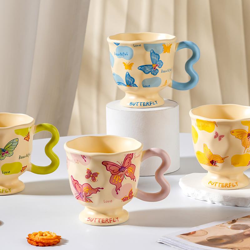 Ins Style Flower Goblet Cute Strap Home Single Cup Nordic Ceramic Cup Butterfly Pastoral Mug Set
