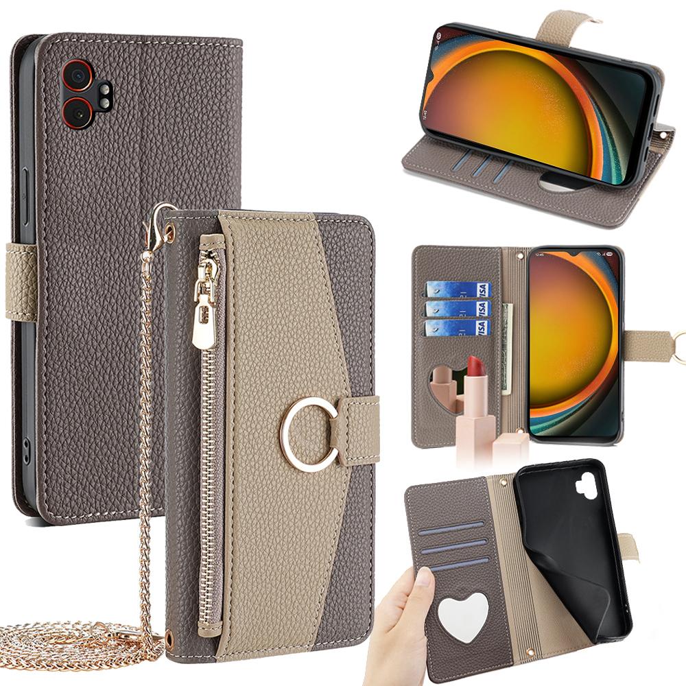 For Samsung Galaxy XCover7 Pro Case Mirror Wallet Leather Phone Cover with Chain Shoulder Strap