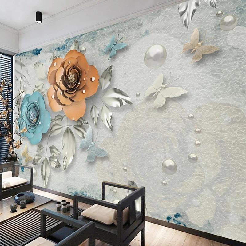 Ретро обои Легкие роскошные 3D ювелирные изделия Роза Цветок Фреска Гостиная Спальня Фон Настенные фрески Домашний декор