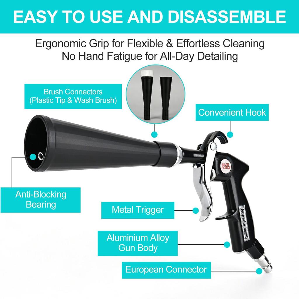 BEAR FORCE Tornado Vortex Air Cleaning Gun, 360° Rotating Tip, 1/4" Quick Plug, 6-9.2 Bar Car Detailing Blow Gun with Brush Attachment
