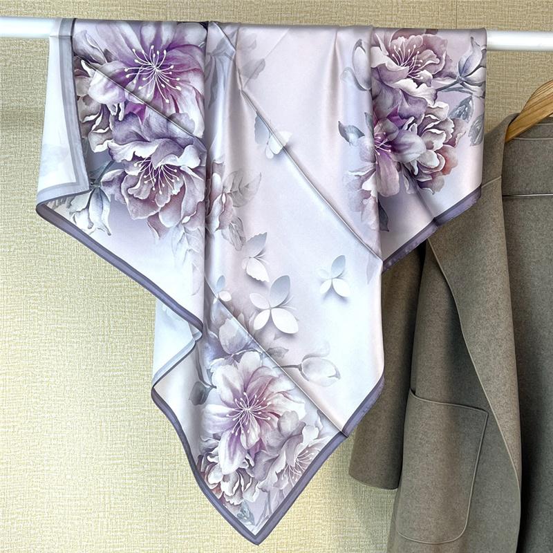88*88cm 100% Mulberry Silk Retro Floral Garden Oil Painting Pattern Square Scarf Thin Sunblock Beach Towel Shawl Neckerchief