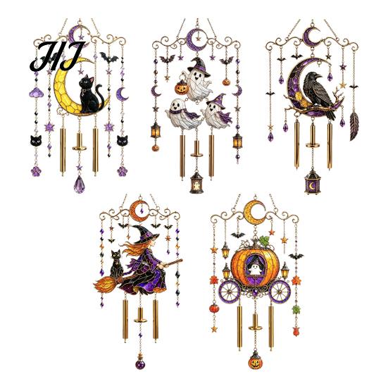 Bat Moon Themed Decor Halloween Stained Glass Style Wind Chime, Acrylic Suncatcher Hanging Ornament with Ghost Black Cat Artistic Window Light