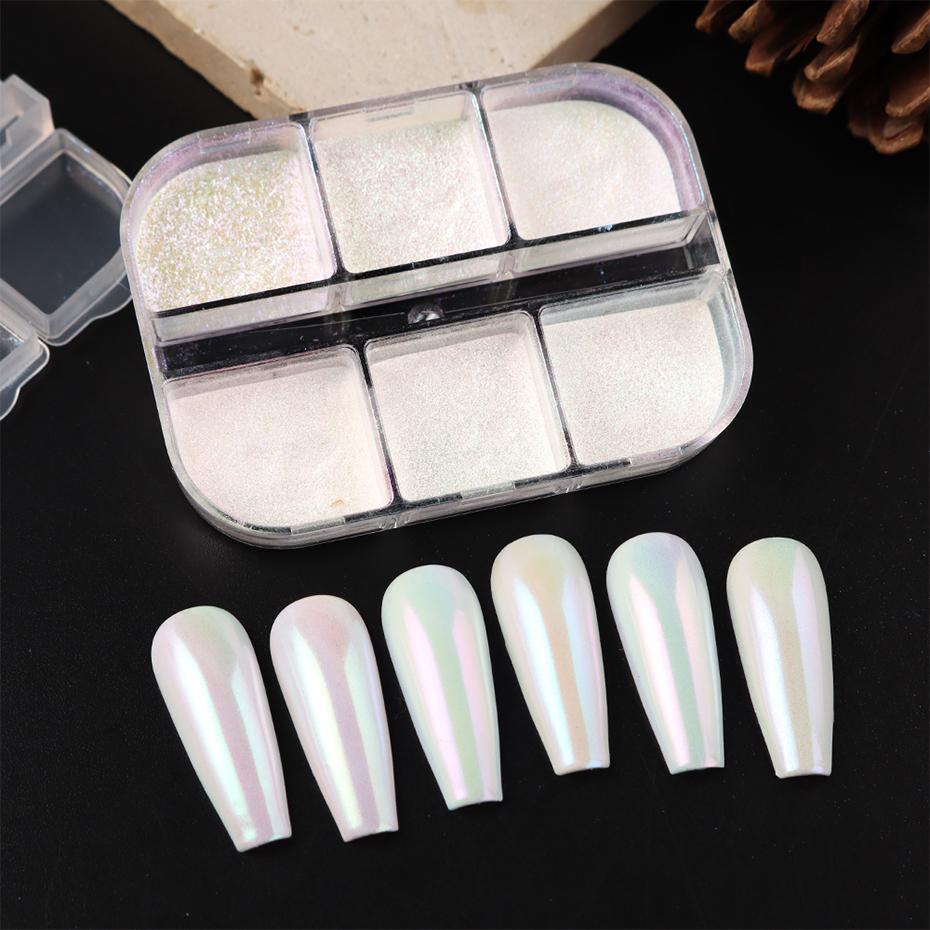 Xiaomi 6 Grids Aurora Pearlescent Chrome Nail Powder High Gloss Iridescent Mirror Nails Glitter Rubbing Dust Nail Decorations Supplies