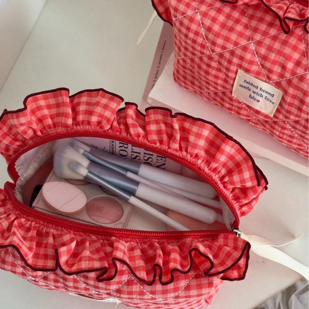 Contrast Color Plaid Ladies Small Storage Bags Pouch Purse Female Makeup Case Handbags Sweet Lace Women's Quilted Cosmetic Bag