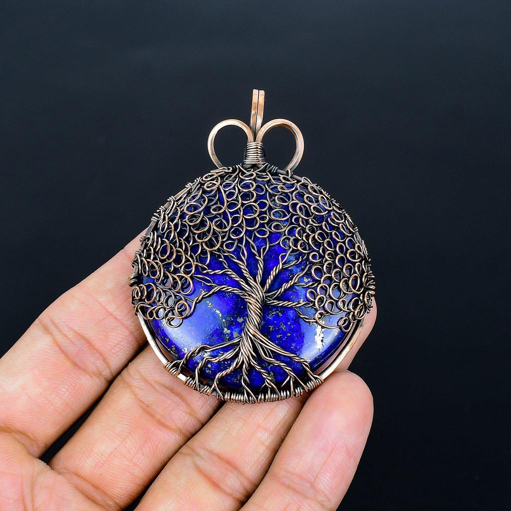 Кулон Древо Жизни из лазурита, Кулон ручной работы с обмоткой из медной проволоки 999 пробы, Антикварные украшения, Для подарка, Медные украшения