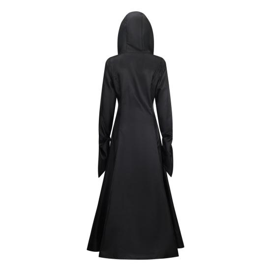 Женское платье для косплея в темном стиле, костюм для вечеринки на Хэллоуин, на шнуровке, с капюшоном, с цветочным принтом, подходящее по цвету, с длинными рукавами и рогами, платье трапециевидной формы