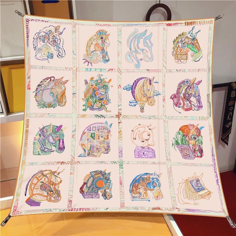 Silk Scarf Women Horse Head Print Square Scarves Head Echarpes Silk Foulards Femme Wraps Beach Shawl Bandana Lady Hijabs 90CM