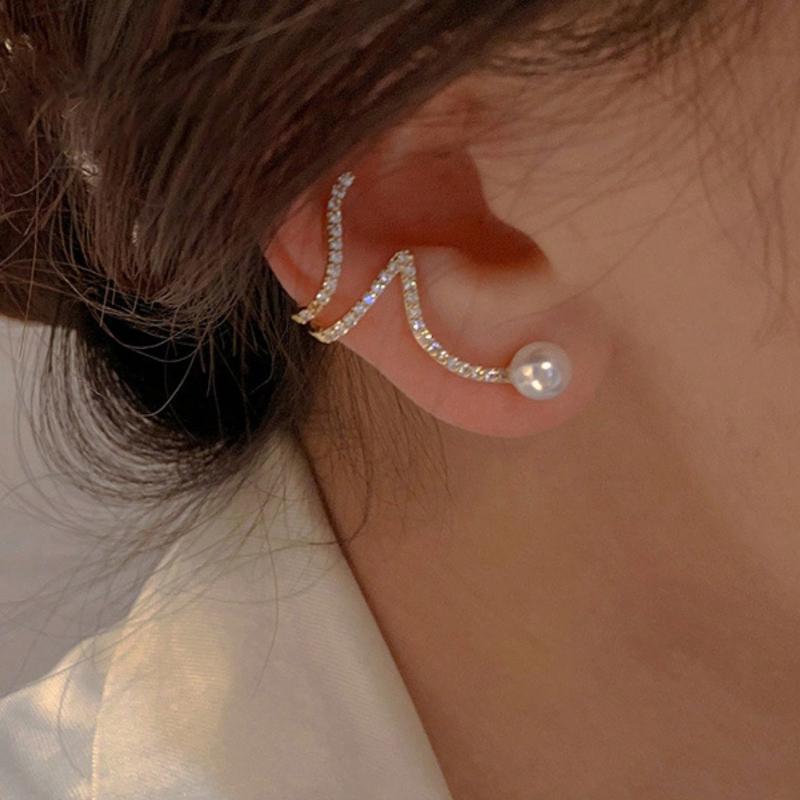 1pair Elegant and Simple Wave-Shaped Faux Pearl and Rhinestone Ear Studs Suitable for Women's Daily, Festivals or Parties