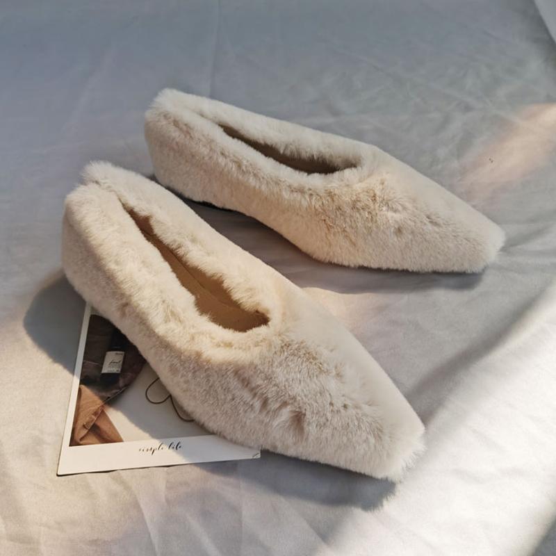 Балетки с острым носком и мехом, женские, зимние, теплые, плюшевые, неглубокие лоферы, женские лаконичные меховые туфли на каблуке для платья, Zapatos Mujer