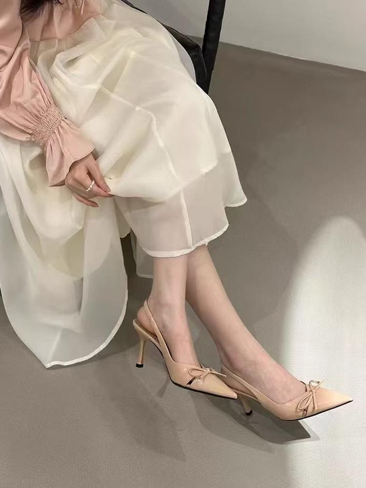 Босоножки с заостренным носком и бантом, весна-лето 2025, новые туфли на французской шпильке со средним каблуком, туфли на высоком каблуке