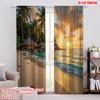 2D Flat Printing 2pcs Window Drapes Tropical Island Cottage Scenery Versatile Polyester Fabric,Without Electricity Festive