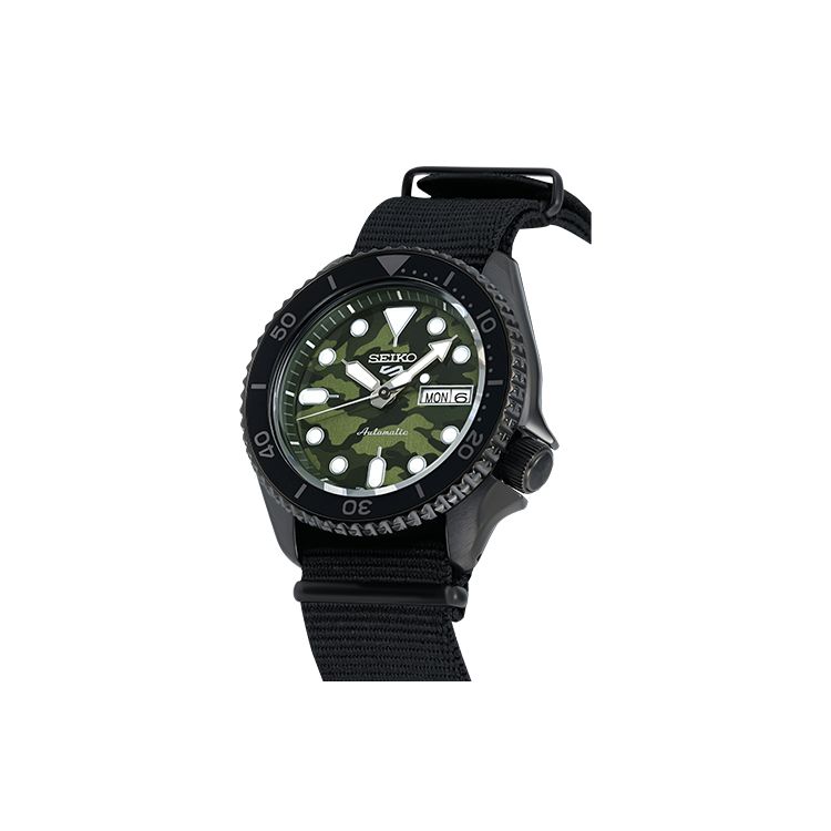 Seiko 5 Серия Модные уличные скейтборд-часы Солнечный механический механизм Нейлоновый ремешок Мужские часы Зеленые SRPJ37K1