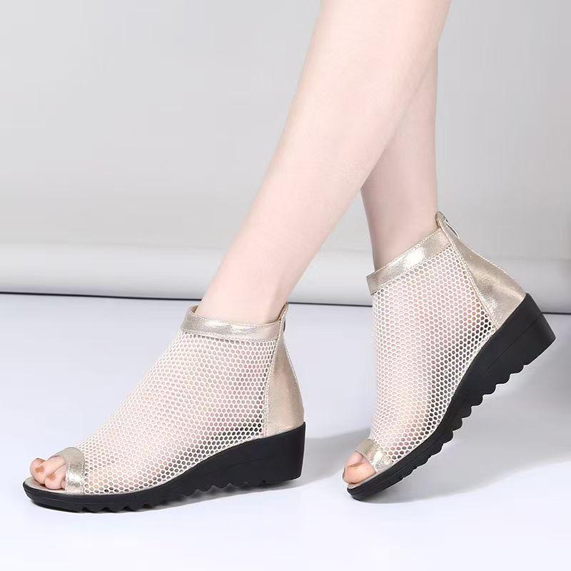 Women's Summer Wedges Mesh Peep Toe Cool Boots Thick Sole Non Slip Breathable Big Size Zippers Ankle Boots High Top Sandals