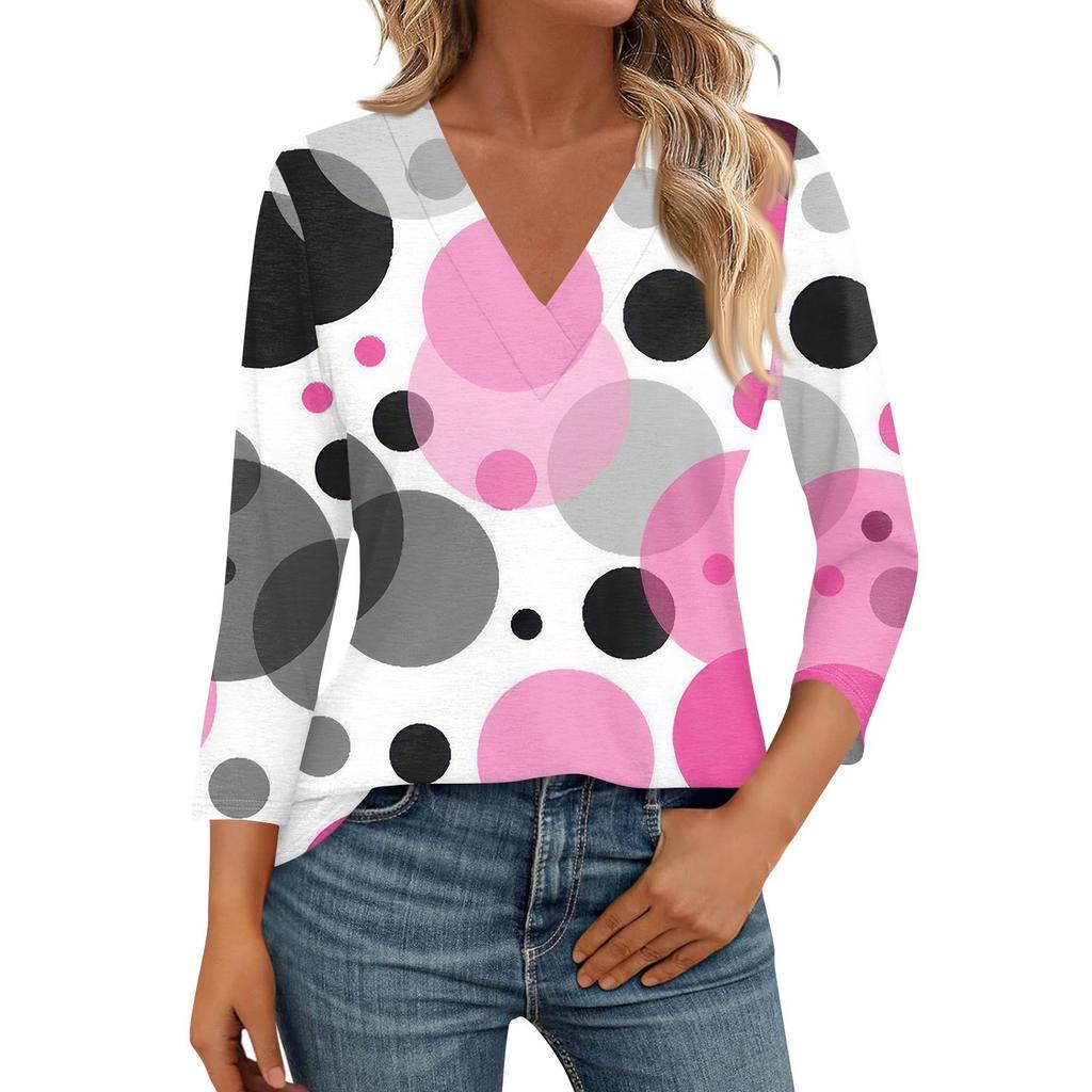 Женские рубашки с рукавом 3/4, топы с принтом и V-образным вырезом, повседневные топы, базовые футболки, блузки, свободные топы