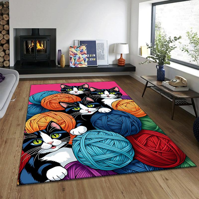 Soft Polyester Yarn Kitten Print Area Rug – Non-Slip, Vibrant Cat  Yarn Design, Perfect for Bedroom  Living Room Decor