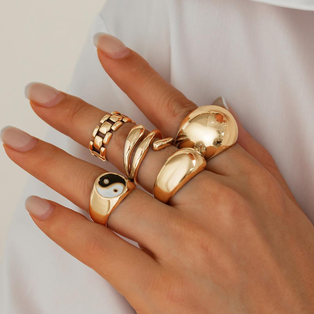 Ingemark 5Pcs/Set Trendy Creative Irregular Smooth Curved Ring for Women Punk Hip-Hop Metal Geometric Chic Rings Party Jewelry