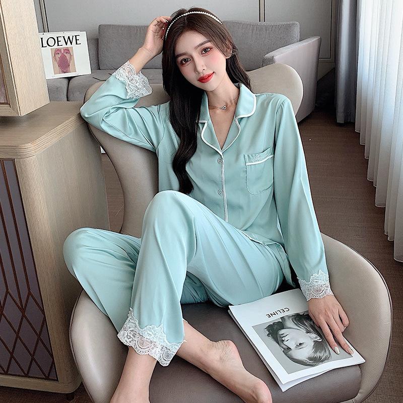 Xiaohongshu popular 1011 new spring and autumn long-sleeved thin lace sweet ice silk two-piece loungewear