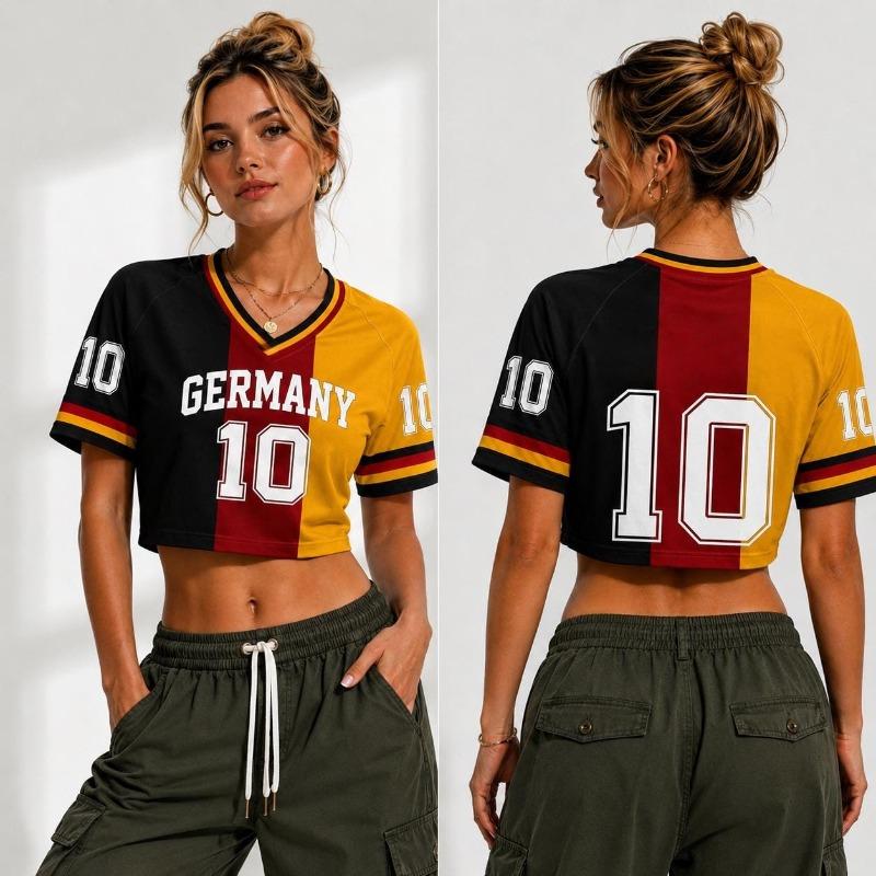 Summer Women Germany Style Print Sport Jersey Round Neck Short Sleeve Jersey Cheerleaders Crop Top Casual T-shirt