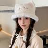 New cute cat bow plush hat women's autumn and winter basin hat big head circumference showing face small bucket hat