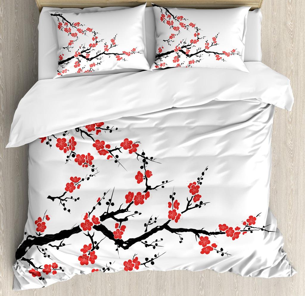 Cherry Blossoms Duvet Cover King/Queen Size,Japanese Sakura Tree Pink Floral Spring Vintage Cultural Bedding Set for Women Girls