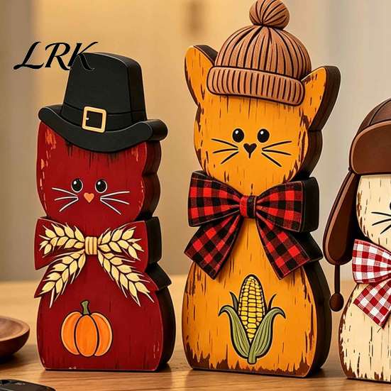 Деревянные праздничные украшения 3 шт. Рождественские кошки-украшения с шапкой и галстуком-бабочкой, Декоративные 2D деревенские деревянные фигурки, Плоские для стола на День благодарения