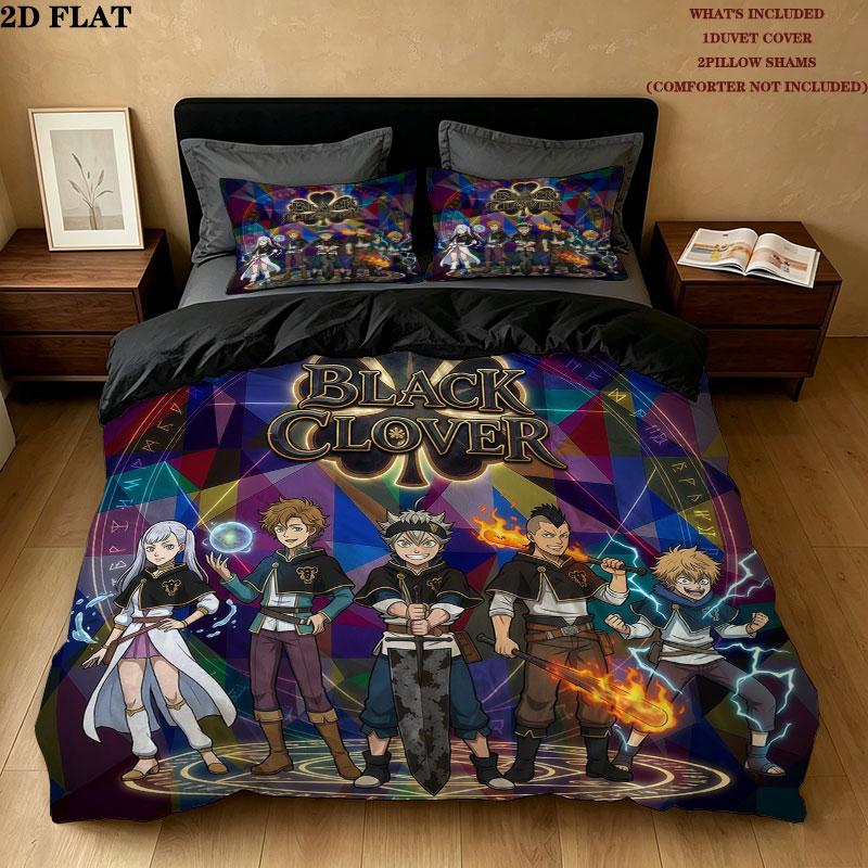 Black Clover Pattern Bedding Quilt Set Quilt Cover Pillowcase Home Birthday Gift(1 * duvet cover + 2 * pillowcase, without core)