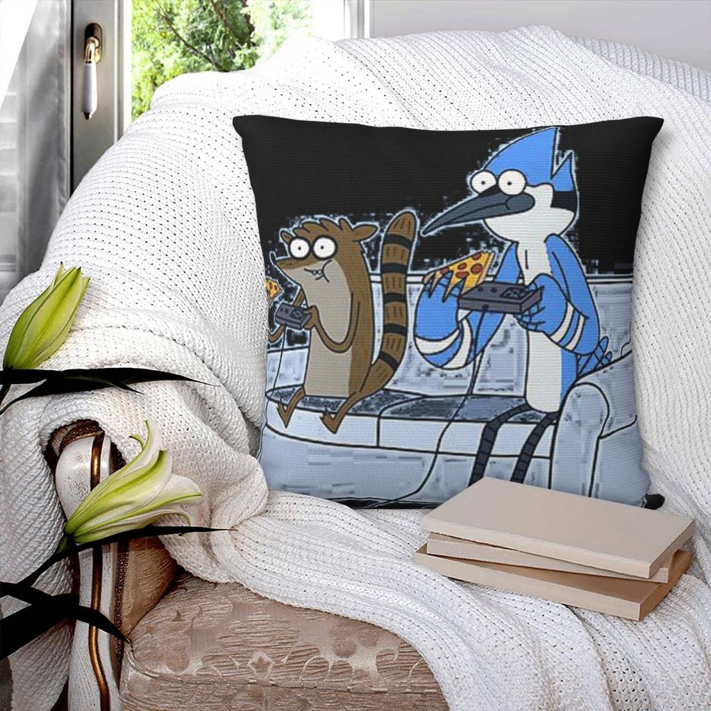 Mordecai And Rigby Pizza And Video Games Square Pillowcase Pillow Cover Cushion Zip Decorative Comfort Throw Pillow for Home Car
