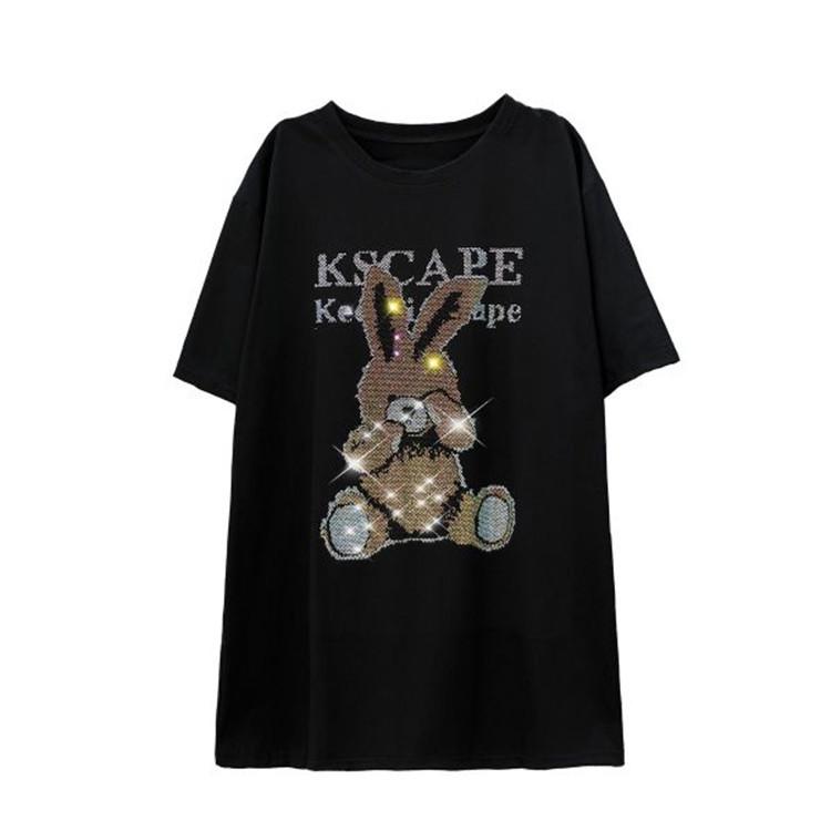 Футболка Heavy Industry Cartoon Rabbit Ironing Diamond с коротким рукавом, большая летняя свободная футболка средней длины для женщин