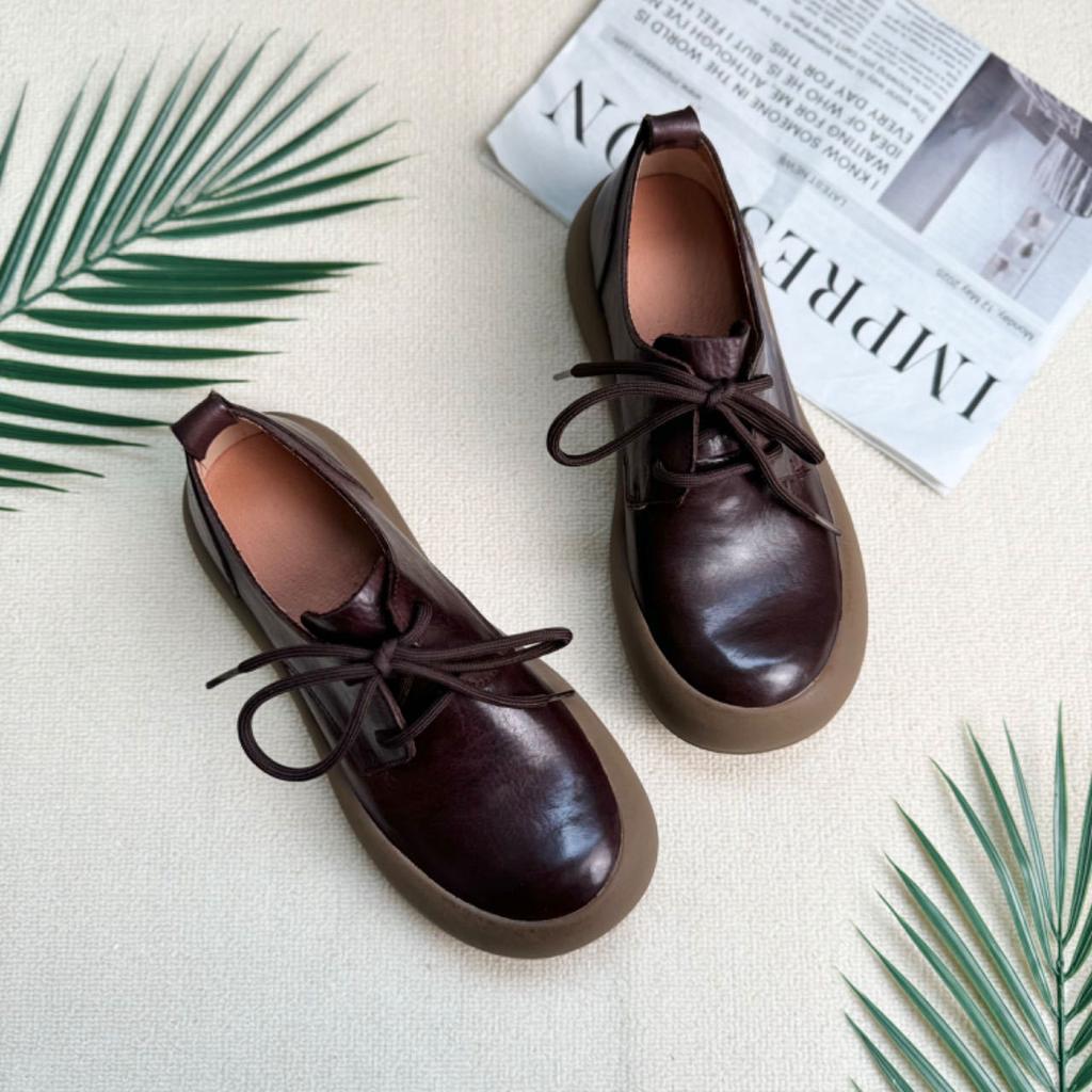 Spring New Women's Shoes First Layer Cowhide Lace-up Thick-soled Single Shoes Retro Round Head Women's Shoes Soft Sole Soft Surface