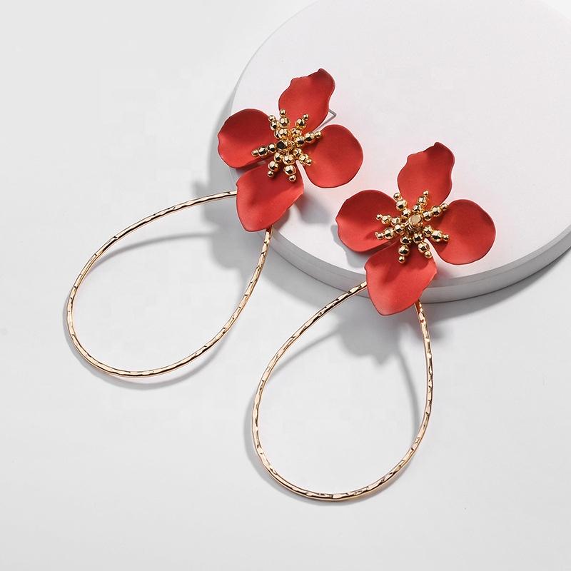 E9002 Enamel Drop 2 Flower Wire Earring Hawaiian Gold Jewelry Earring Set Stud Hoop Earring 14k Gold for Woman Girl