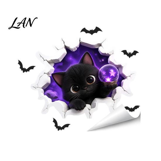 Black Cat Wall Stickers Halloween Stickers, 3D Broken Effect with Ghost Skeleton Pumpkin Bat Decals, Self-Adhesive Temporary Decorations Waterproof