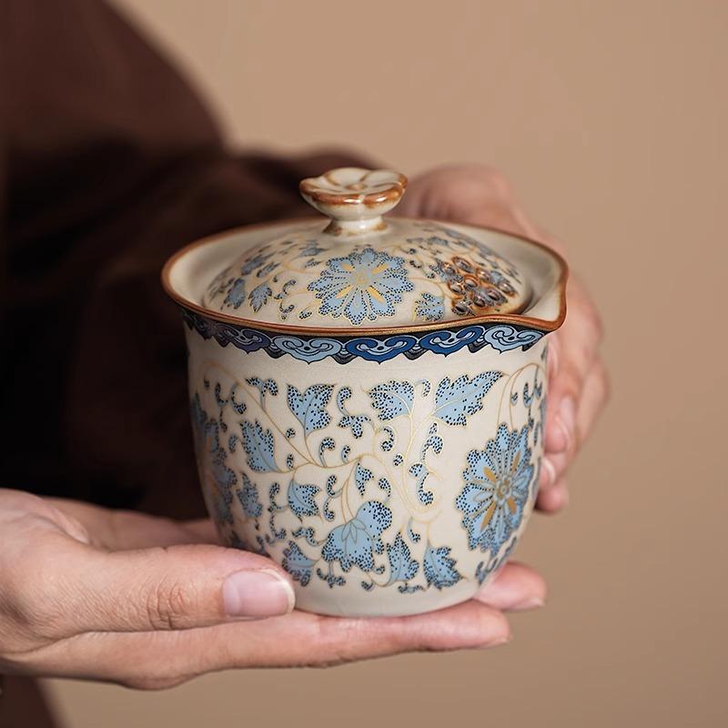 Ru kiln travel tea set, one pot, three cups, blue-and-white ceramic Kuaike cup, business gift, souvenir gift