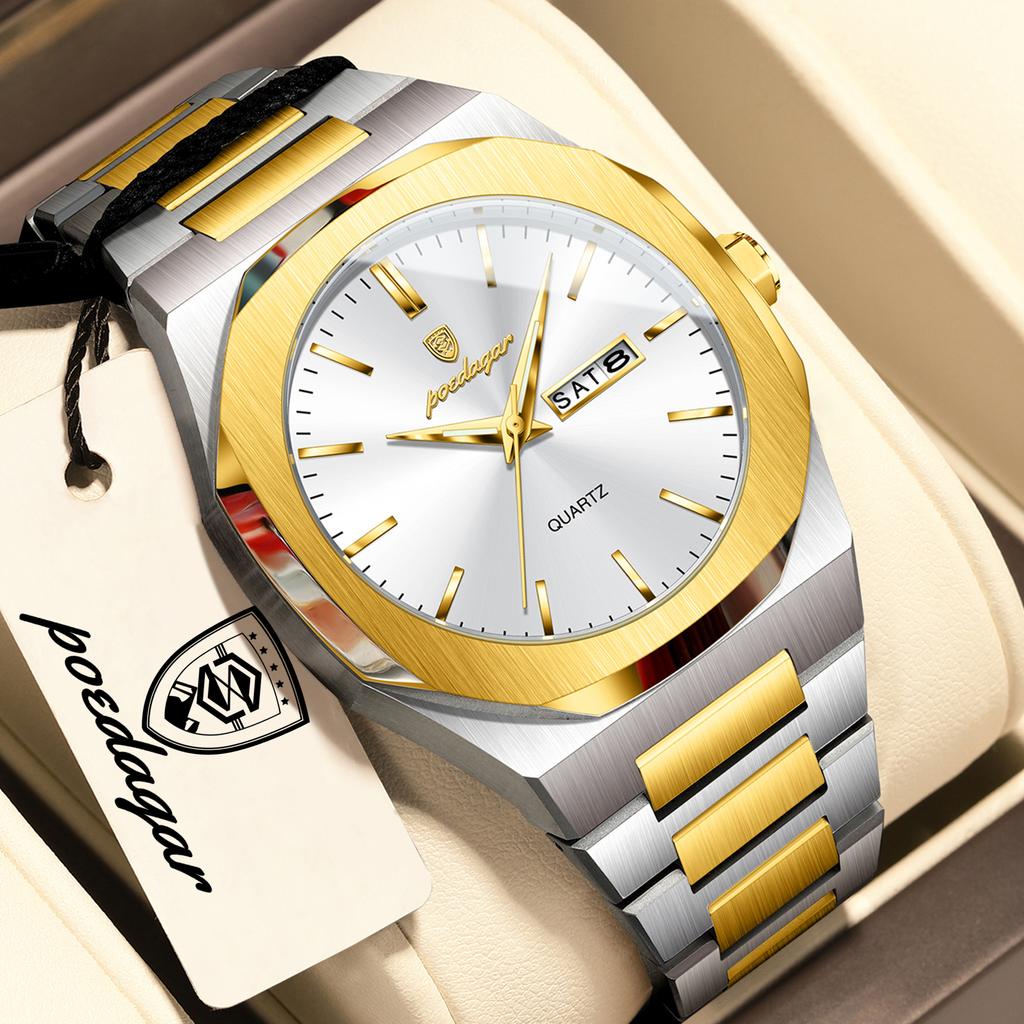 POEDAGAR Luxury Fashion Men Watch Stainless Steel Quartz Business Watches For Man Waterproof Luminous Date Week Male Clock Reloj