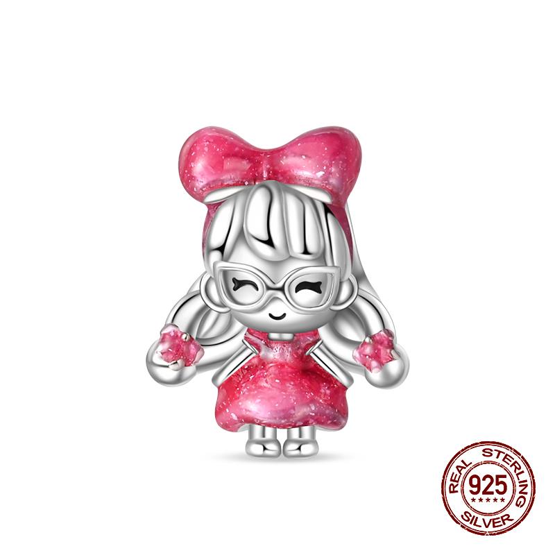 100% стерлингового серебра 925 пробы модные принцессы розовые банты подвески бусины подходят 925 оригинальные браслеты DIY ювелирные изделия подарки на годовщину
