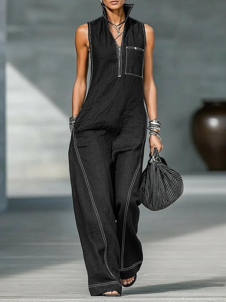2026 new cross-border, European, American Amazon independent station women's stand-up collar sleeveless casual loose cotton and linen jumpsuit