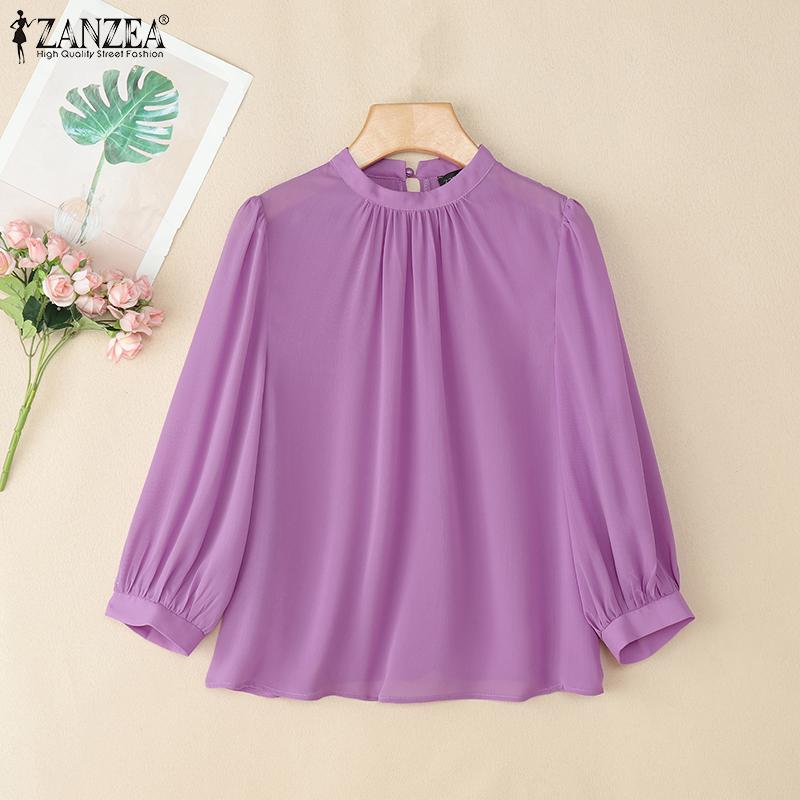 ZANZEA Женская повседневная блузка с воротником-стойкой, свободного кроя, однотонная, с рукавами 3/4