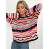 Women's Rainbow Crew Neck Stripe Knit Pullover Sweaters Long Sleeve Casual Loose Oversized Tops
