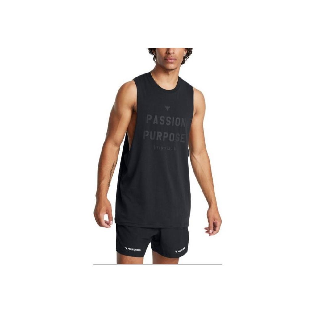 Under Armour Project Rock Letter Print Loose Fit Round Neck Sports Tank Top Men Tank Tops Black 1386896-001