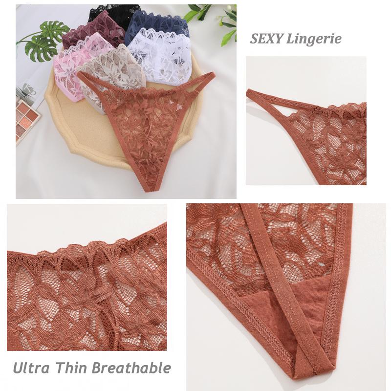 5PCS/Set Women Sexy Lace Thongs G-String T-Back Underwear Female Breathable Underpants Floral Lace Solid Color Panties S-XL
