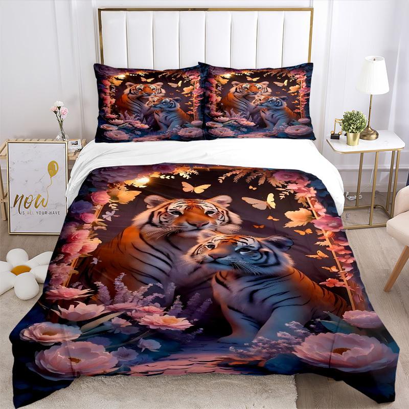 3pcs Tiger Family Duvet Cover Set - Includes 1 Duvet Cover and 2 Pillowcases, No Quilt Core, All-Season Home Decor yy251111044